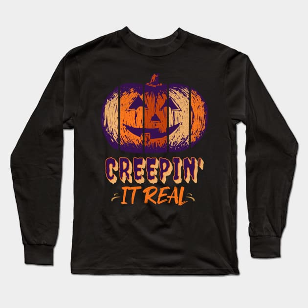 Creepin' It Real Pumpkin Long Sleeve T-Shirt by Cosmic Dust Art
